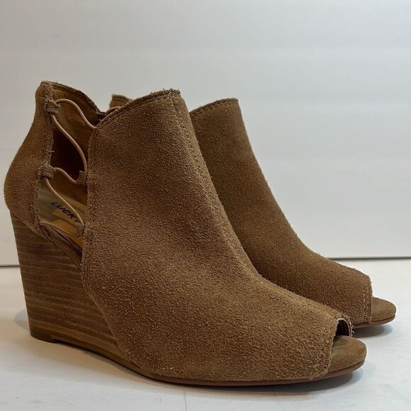 Lucky Brand Shoes - Lucky Brand Reevas Peep‎ Toe Wedge Camel Suede Booties Size 8.5